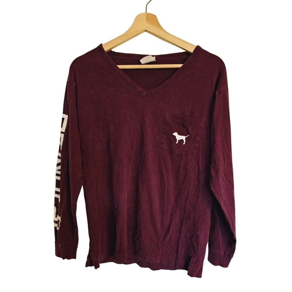 Pink Nation long sleeve tee XS Burgundy dog logo‎ Oversized